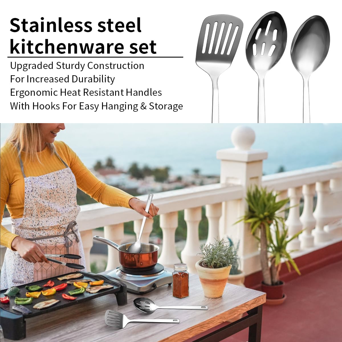 Evanda Camping Kitchen Cooking Utensil Set 10 Piece, Stainless Steel Outdoor Cooking and Grilling Utensil Organizer Travel Set Perfect for Travel, Camping, RVs, BBQs, Picnics, Parties and More