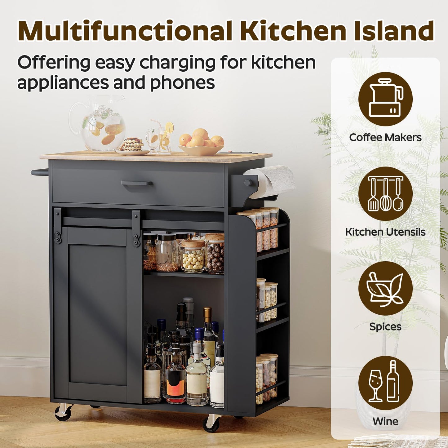 YATINEY Kitchen Island with Storage, Mobile Kitchen Cart with Charging Station, Kitchen Island on Wheels, Rolling Island Table with Sliding Cabinet Door, Black and Rustic Brown ZD01UBR