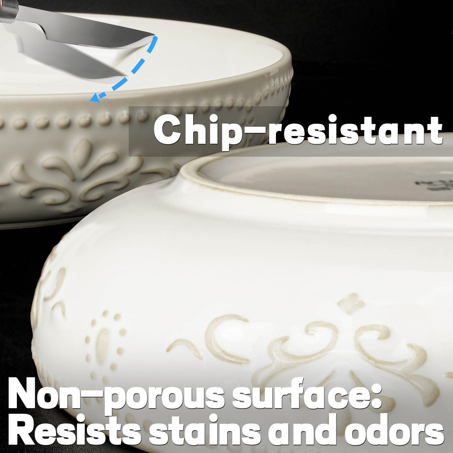 Artena Pasta Bowls, 50oz Large Salad Serving Bowls, 9.75'' Plates Bowls Set of 4, Big White Ceramic Soup Bowls for Kitchen, Embossment Shallow Dinner Bowl, Microwave Dishwasher Safe, Multiple Patterns