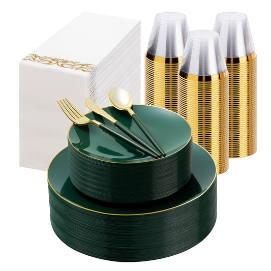350 Pieces Green Gold Plastic Dinnerware Set, Gold Disposable Plates for Party, Include 100 Green Plates with 150 Plastic Cutlery, 50 Napkins and 50 Cups
