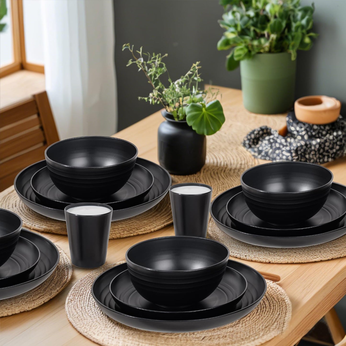 LIYH Black Plastic Wheat Straw Dinnerware Sets Unbreakable Dinner Plates for 4 Black Plates and Bowls Set Include Wheat Straw Plate Bowls Cups Dish Set for Kitchen&Camping