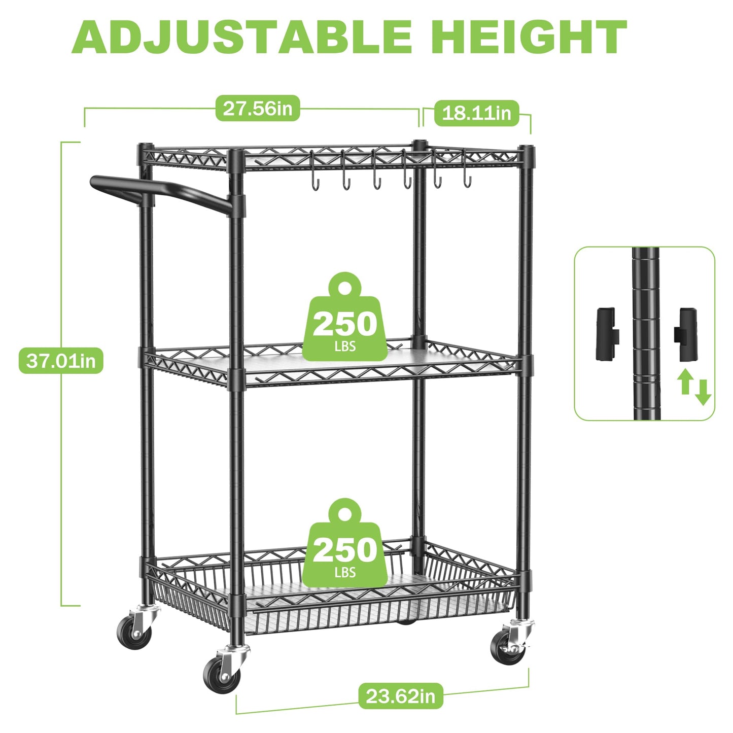 Rolling Utility Metal Carts with Wheels 3 Tier Heavy Duty Storage Cart 750Lbs Capacity Adjustable Kitchen Organizer Cart with Handle & Shelf Liner Commercial Grade Trolley for Indoor & Outdoor Use