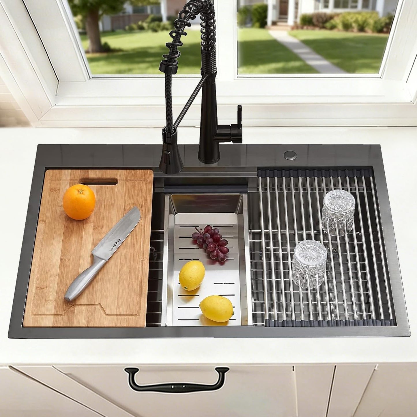 SHACO 33x22 Black Drop In Kitchen Sink, 33 Inch Topmount Gunmetal Black Stainless Steel Single Bowl Overmount Double Ledges Workstation Sink with Accessories