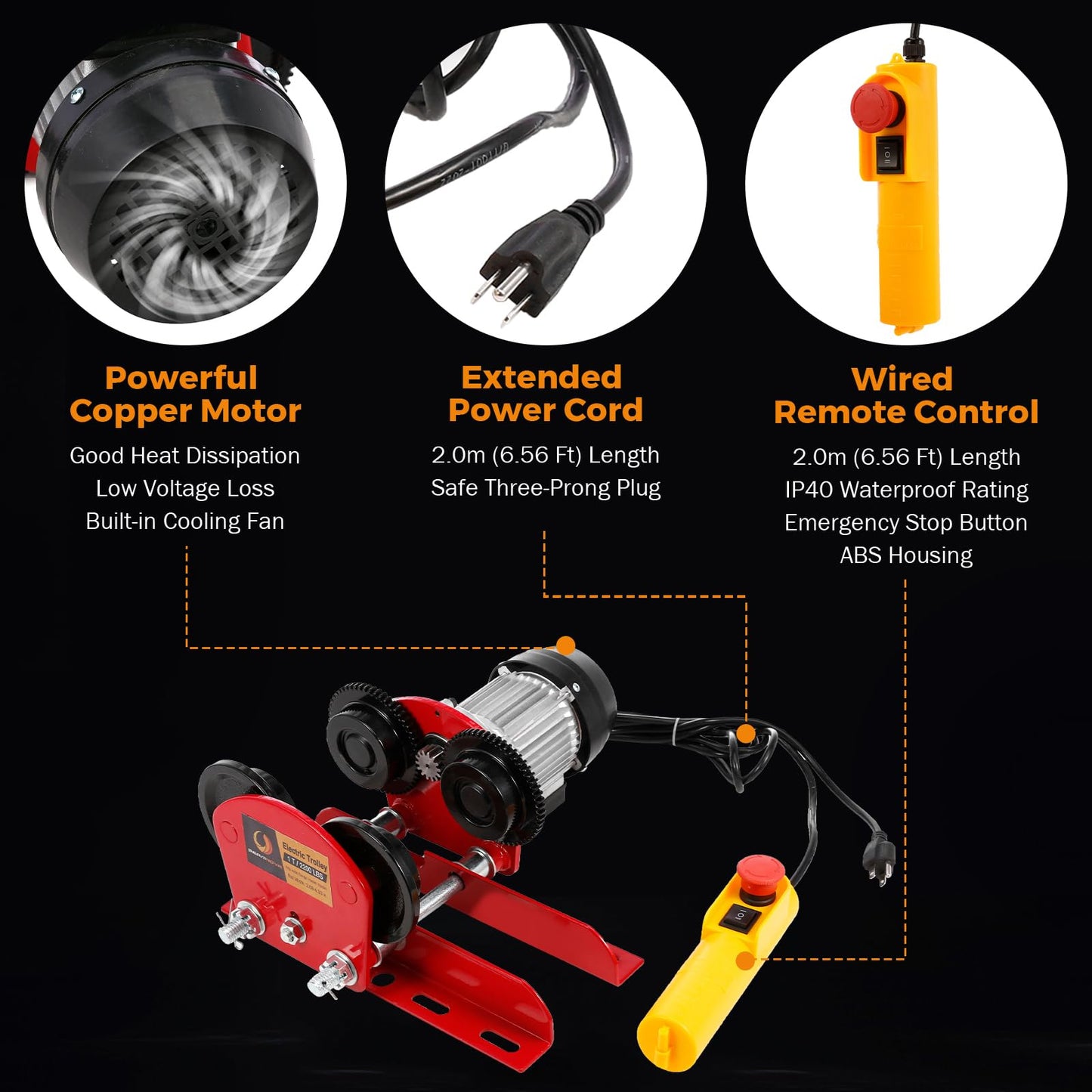 BEAMNOVA 1 Ton 2204 LBS Electric Trolley for Power Hoist, Fit 2.68-4.33 in I-Beam, for PA600 PA700 PA800 PA900 PA1000 Hoists Push Geared Overhead Heavy Duty Wheels Wide Flange