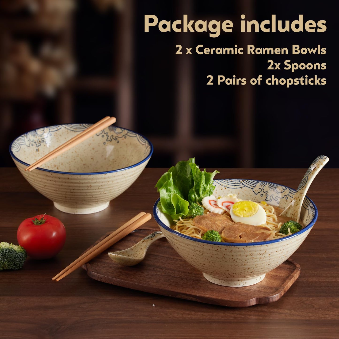 hengshukeji Japanese Ramen Bowl Set 2PCS, 40oz Large Ceramic Noodle Bowls with Chopsticks and Spoons for Pho, Udon, Rice, Pasta – Microwave & Dishwasher Safe (Carp Set (2 pieces))