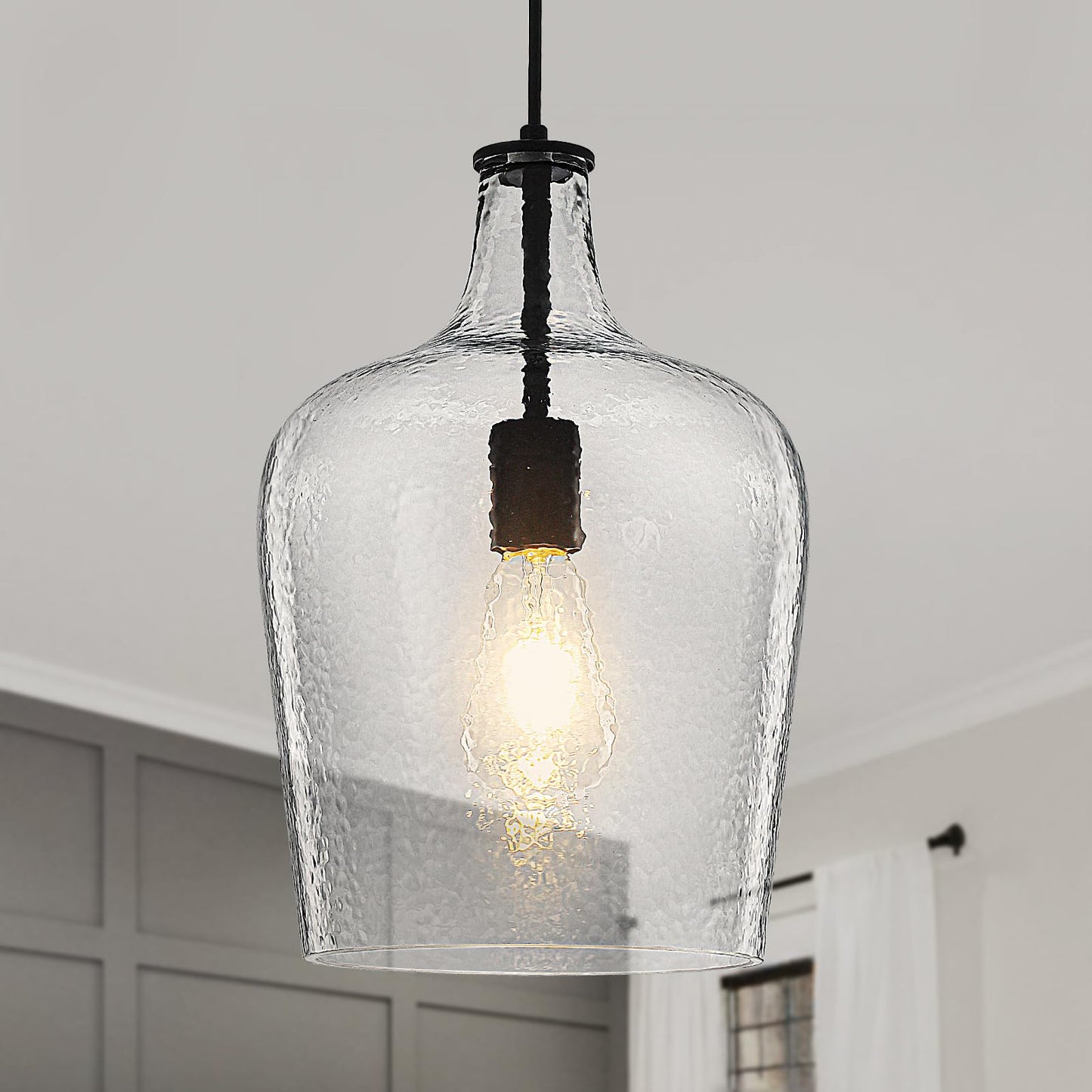 9.3" Blown Glass Pendant Lighting for Kitchen Island,Black Large Pendant Light Fixture with blown Thickened Glass,1 Light Farmhouse Hanging Light for Hallway,Bedroom, Living Room Tall 14 inch