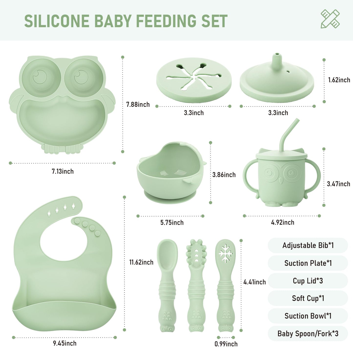 Bnditeu Baby Weaning Set, Silicone Feeding Set(10 Pcs), Toddler Set with Adjustable Bib, Suction Bowl, Plate, Fork, Spoon, Water & Snack Cup Kit, Led Kit for Babies, and Kids Green GJTZ-04