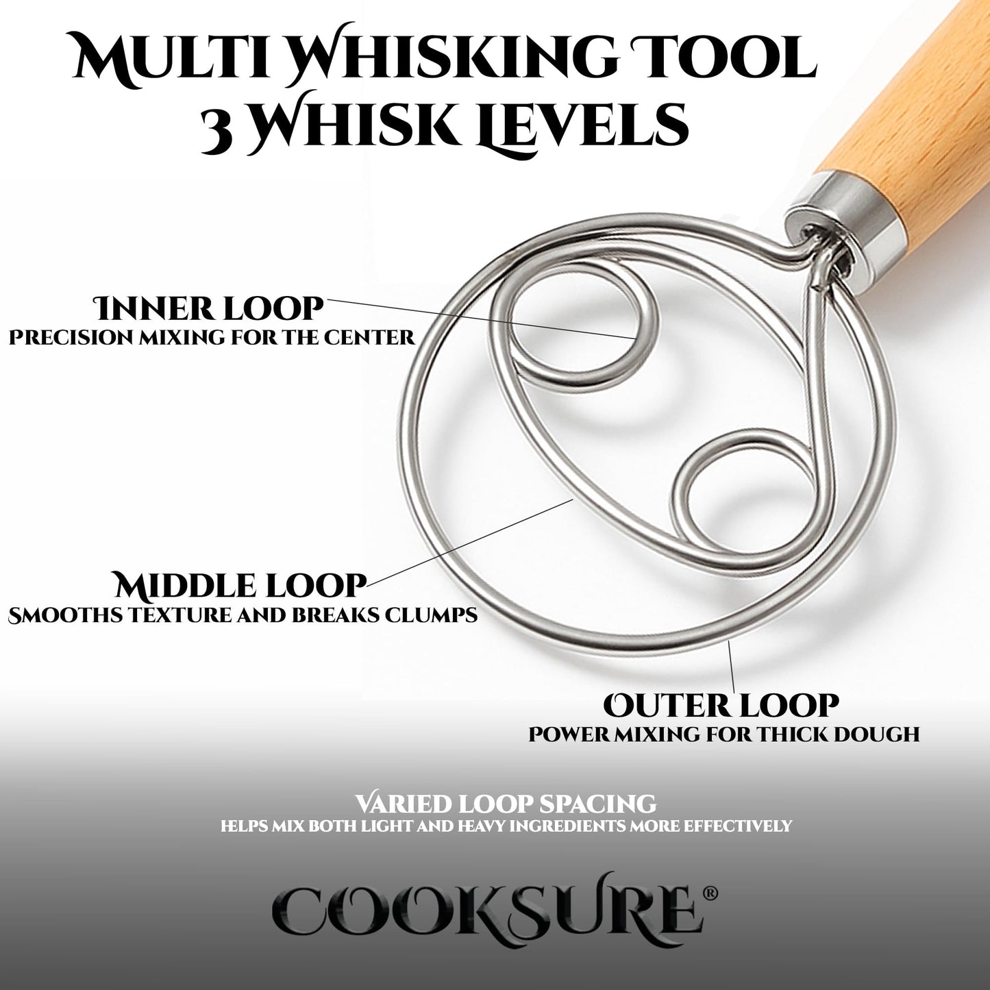 COOKSURE Danish Dough Whisk for Sourdough Bread – 13 Inch Bread Whisk with Wooden Handle – 304 Stainless Steel Hook for Heavy Dough Baking, Swedish Dough Whisk Tool