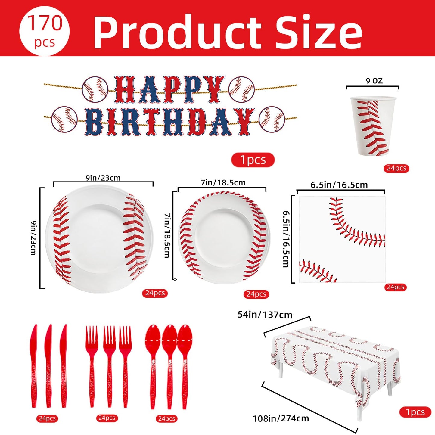 170pcs Baseball Themed Birthday Party Supplies Including Banner,Dinner Plates,Napkins,Forks Disposable Paper Tableware Set Baseball Party Decorations for Kids Serve 24 Guests