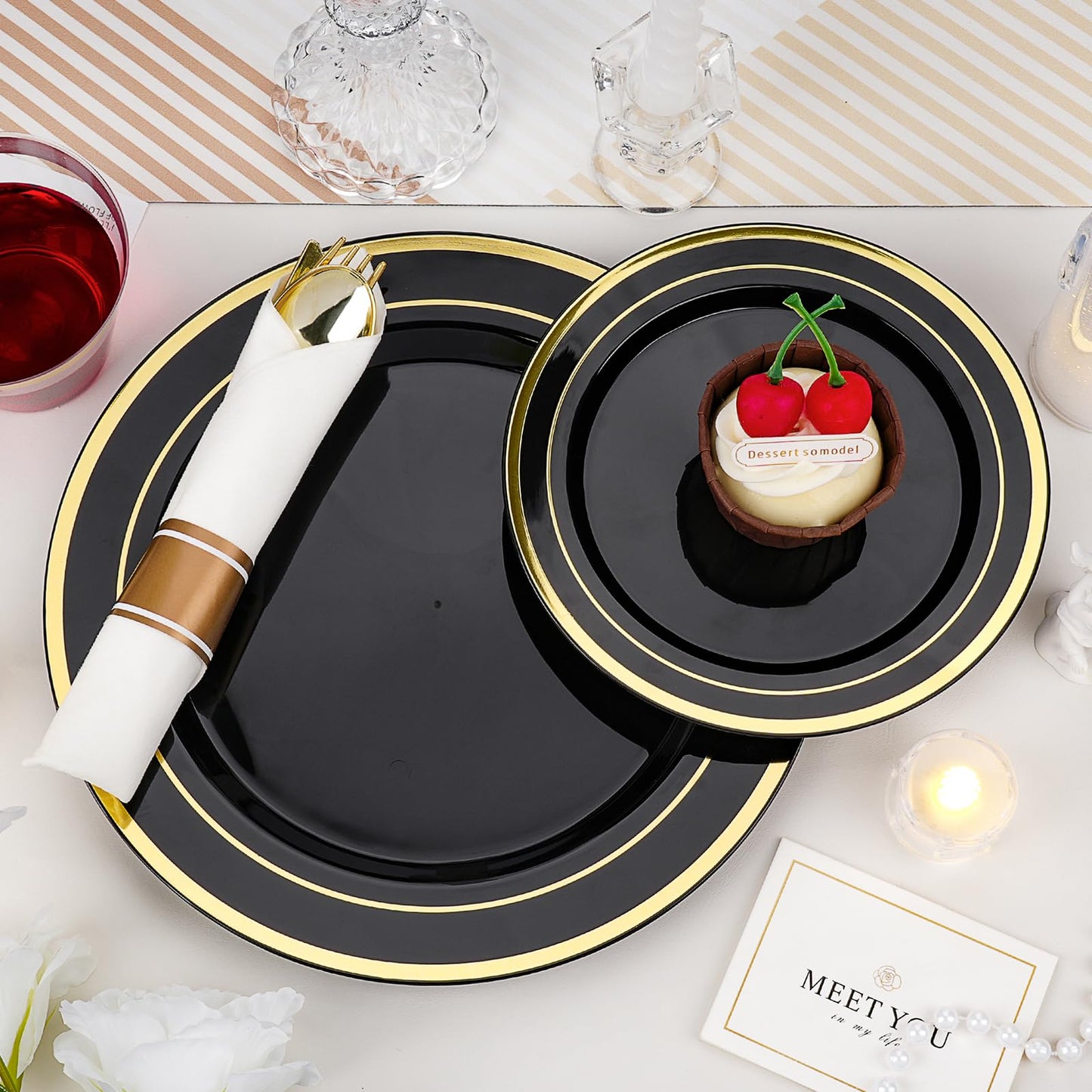 realluck 350 PCS Black Plastic Dinnerware Set for 50 Guests, 100 Disposable Plates for Party, 50 Pre Rolled Napkins with Gold Silverware, 50 Cups for Graduation