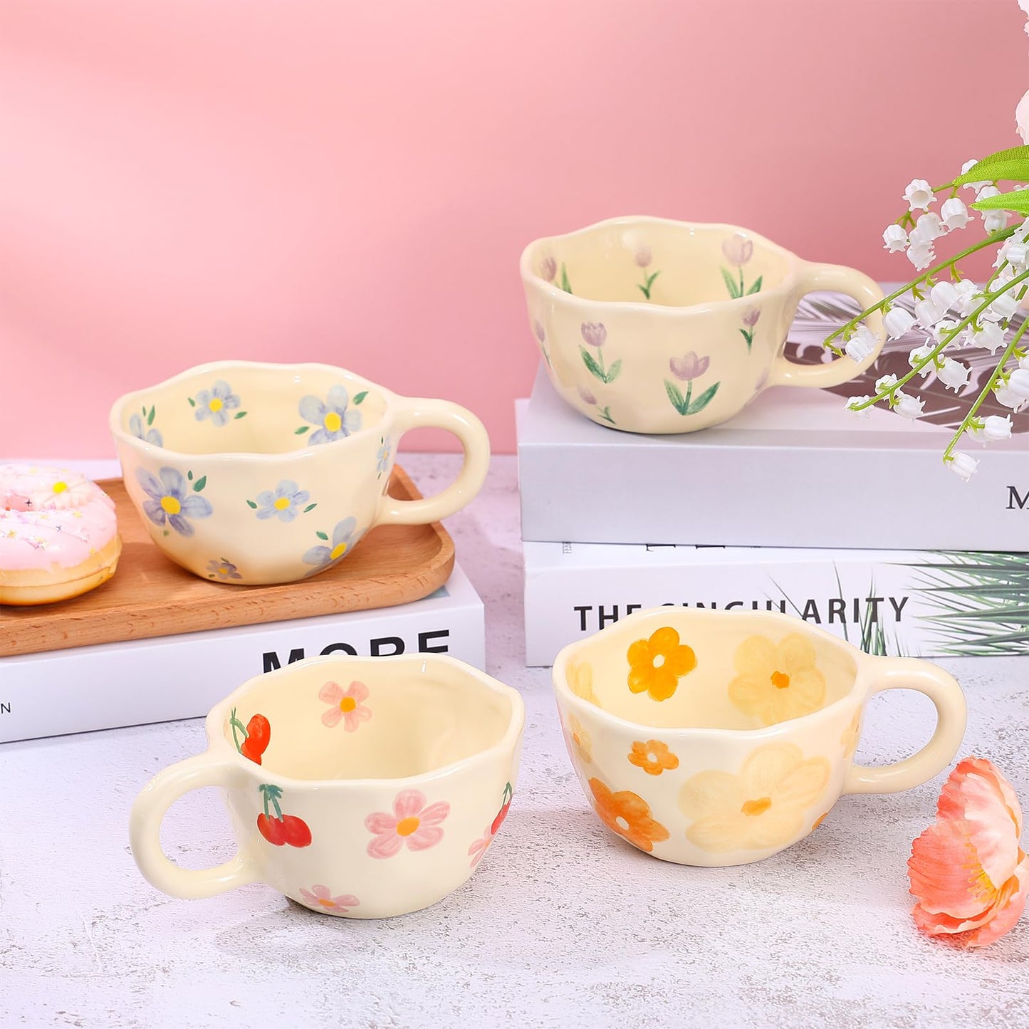 NAYAHOSE Ceramic Coffee Mug, Creative Cute Coffee Mugs Handheld Irregular Aesthetic Flower Ceramic Mug for Women Latte Tea Milk Oats Cup Breakfast Cups，8.5 oz/250 ml (Red Cherry)
