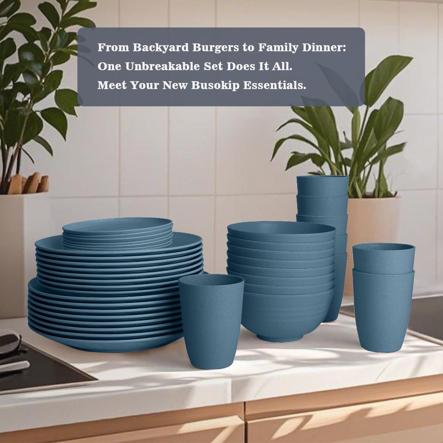 BUSOKIP Wheat Straw Dishes Set 40 PCS, Unbreakable Dinnerware Set of 8 - Dinner Plates, Cereal Bowls, Water Cup, Lightweight, Reusable, Microwave & Dishwasher Safe Bowls for Kitchen and Outdoor - Blue