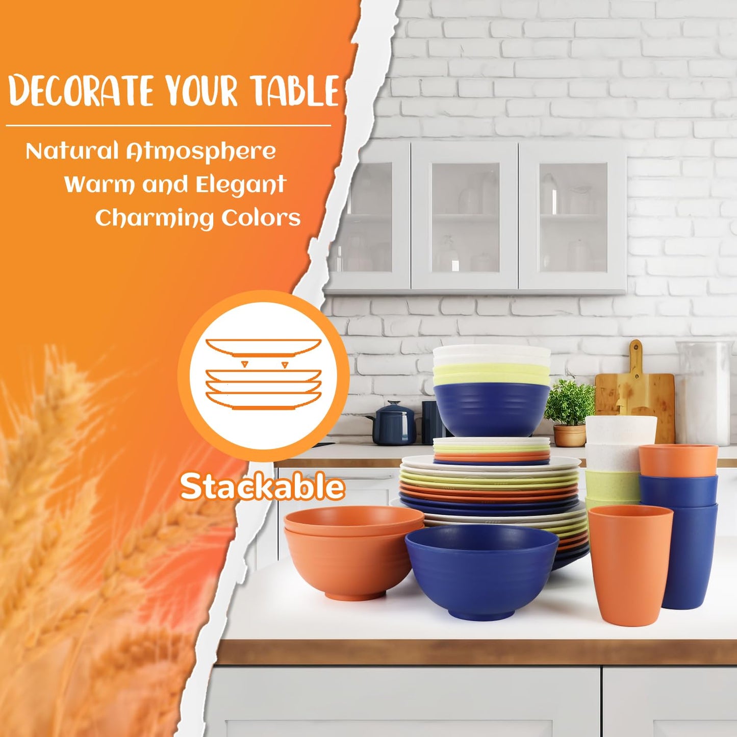 Perlapoc Wheat Straw Dinnerware Sets 40 PCS - Dishes Set for 8 Unbreakable Plates and Bowls Sets with Cups Dishwasher & Microwave Safe Lightweight Dinnerware for Kitchen Camping RV - Mondrian Colors