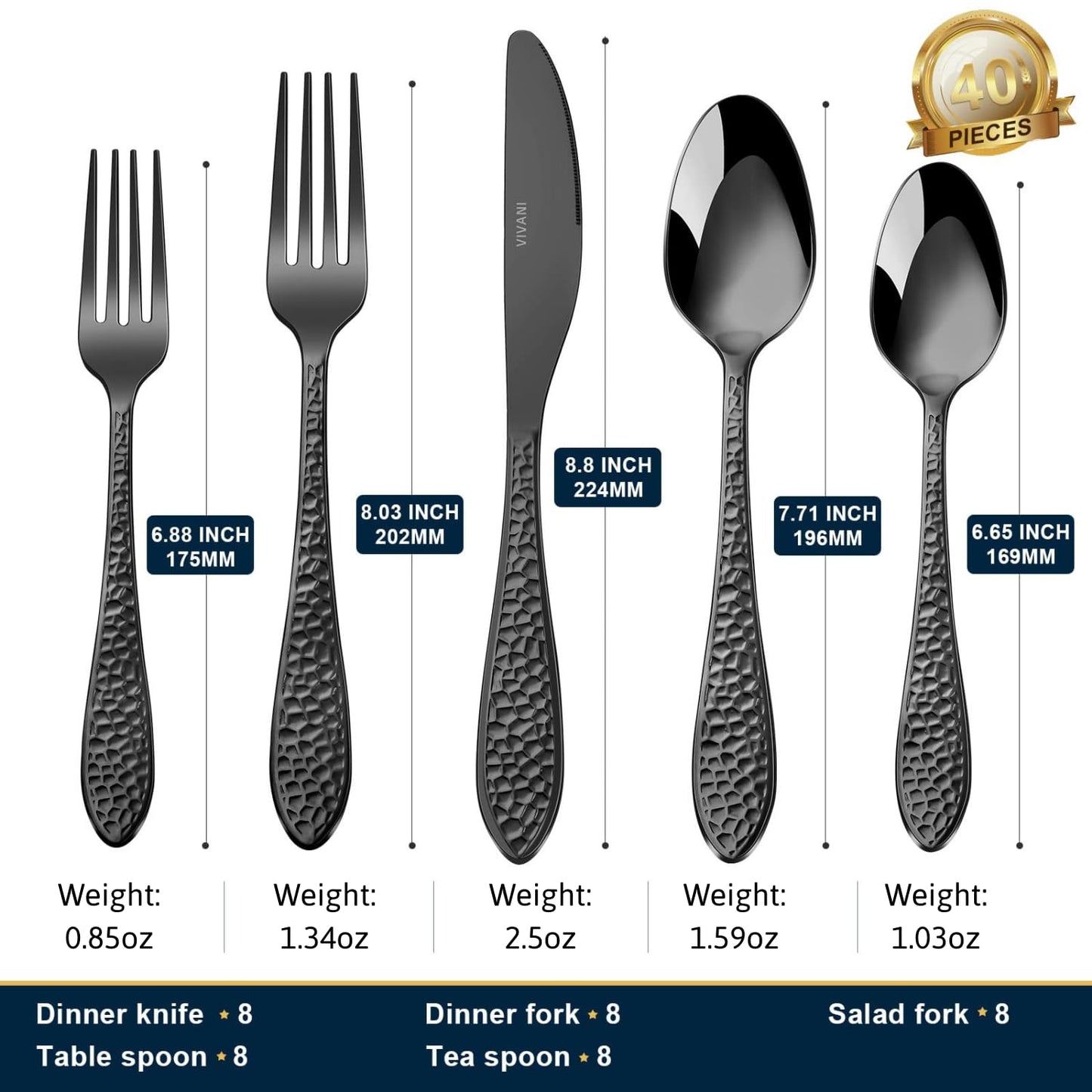 VIVANI 40-Piece Black Silverware Set for 8, Hammered Flatware, 18/0 Stainless Steel Cutlery, Dishwasher Safe Utensil Set for Contemporary Kitchens, Restaurant Style & Everyday Dining
