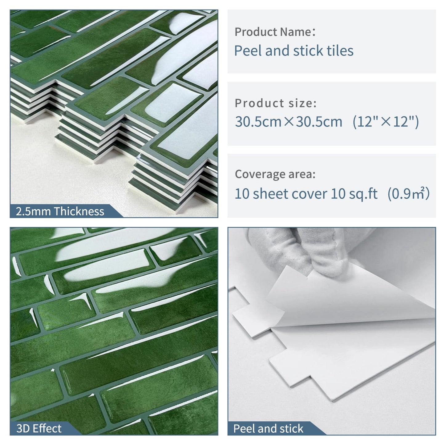 Tiwoos Green Peel and Stick Tile Backsplash 12"x12" Self Adhesive Wall Tiles 3D Marble for Kitchen, (10-Sheet)