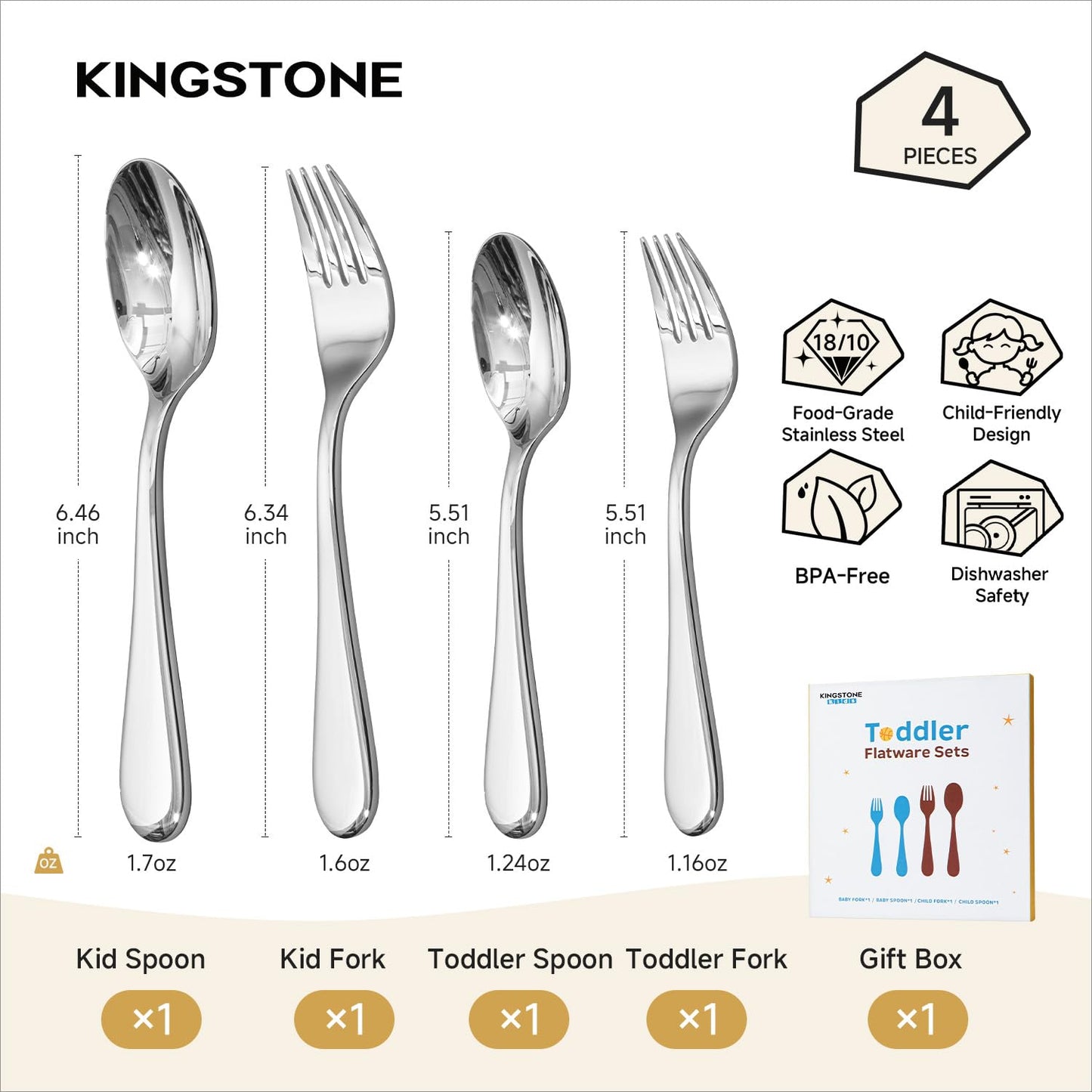 KINGSTONE Toddler Utensils Set, 4 Piece Forks and Spoons Gift Set, Small and Large Kids Silverware Sets, 18/10 Stainless Steel Food Grade Flatware Sets, Dishwasher Safe, Mirror Polished