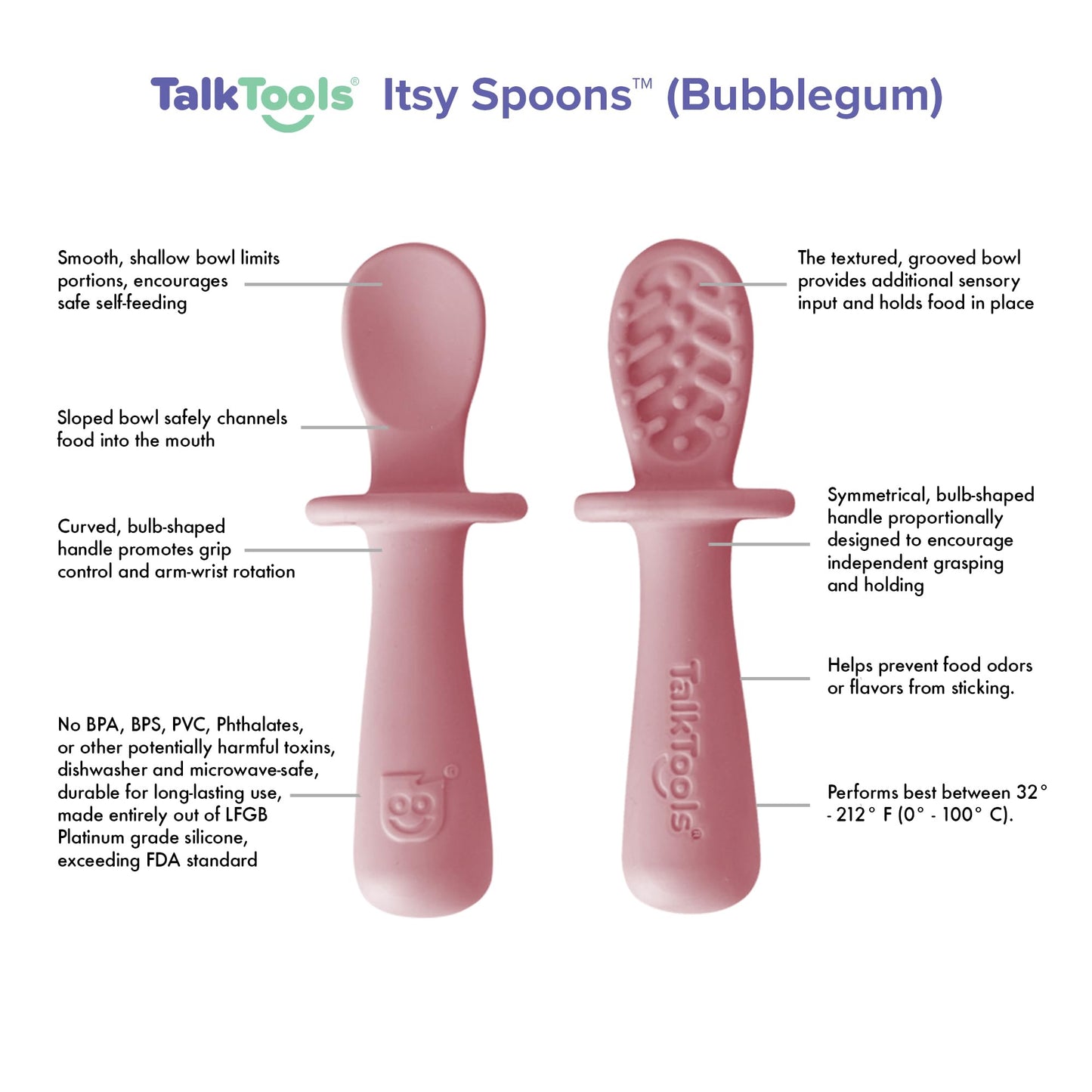 TalkTools ITSY Tiny Silicone Spoons – Twin Pack Soft Silicone Self-Feeding Training Spoons for Kids & Toddlers, Anti-Choking Flange Guard and Non-Slip Handle (Bubblegum)