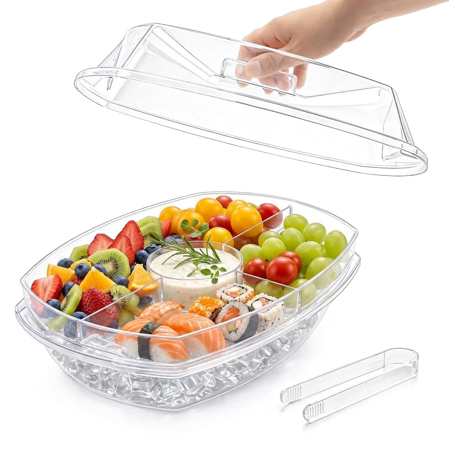DEAYOU Ice Serving Tray for Party Food, Chilled Serving Platter Dish with 4 Compartments, 15" Divided Serving Bowl with Lid for Appetizers, Fruits, Vegetables, Salads, Shrimp Cocktail
