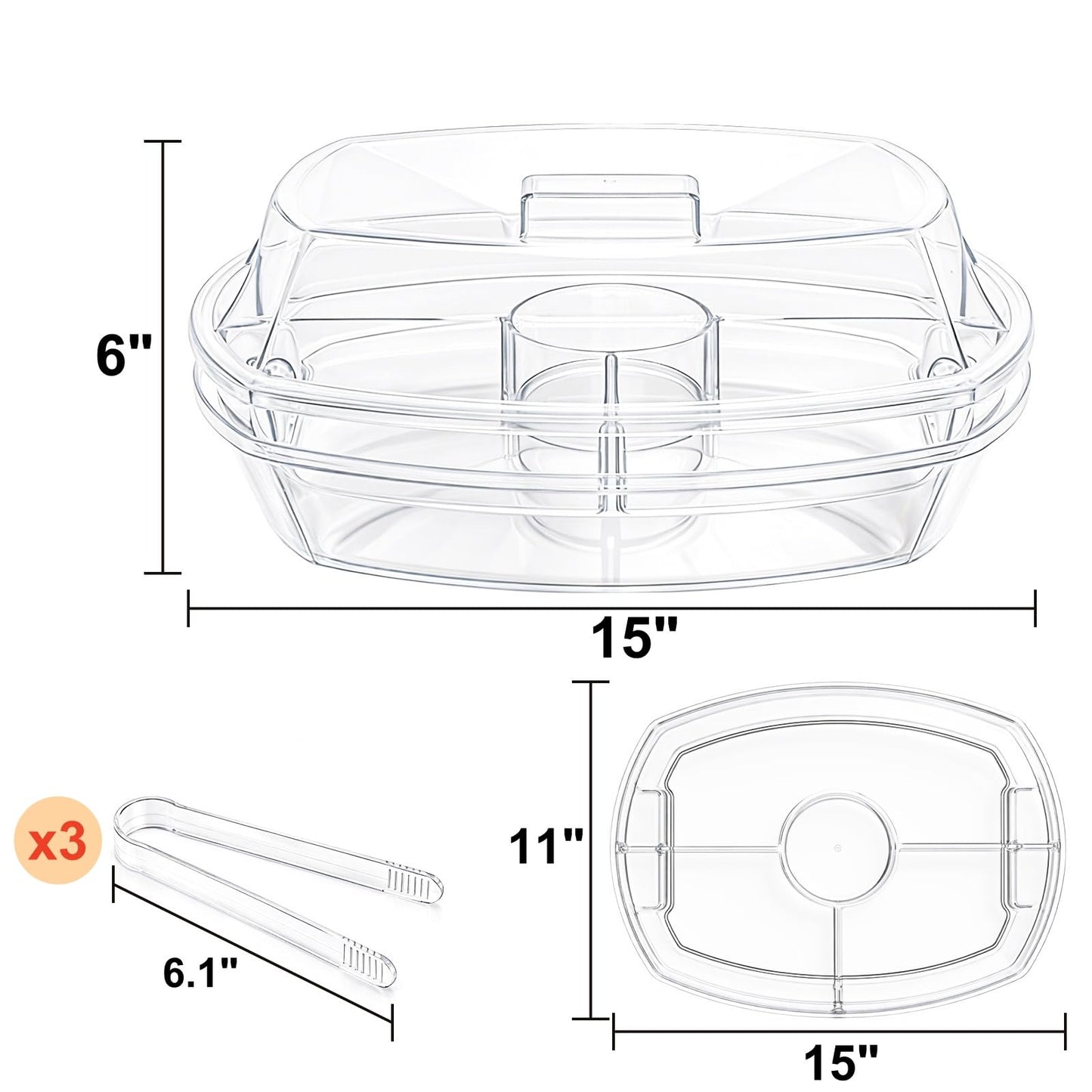 DEAYOU Ice Serving Tray for Party Food, Chilled Serving Platter Dish with 4 Compartments, 15" Divided Serving Bowl with Lid for Appetizers, Fruits, Vegetables, Salads, Shrimp Cocktail