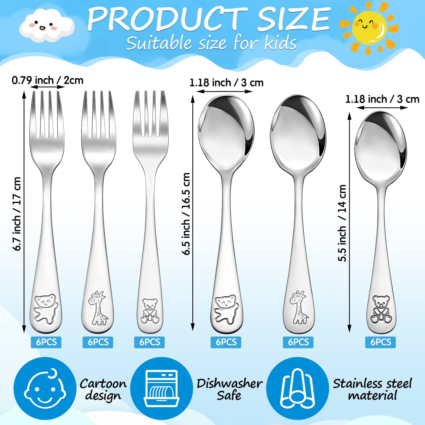 Eboot 36 Pieces Kids Silverware Toddler Utensils, Stainless Steel Childrens Forks and Spoons Sets, Food Grade Metal Cutlery Set, Dishwasher Safe(Zoo Animal)