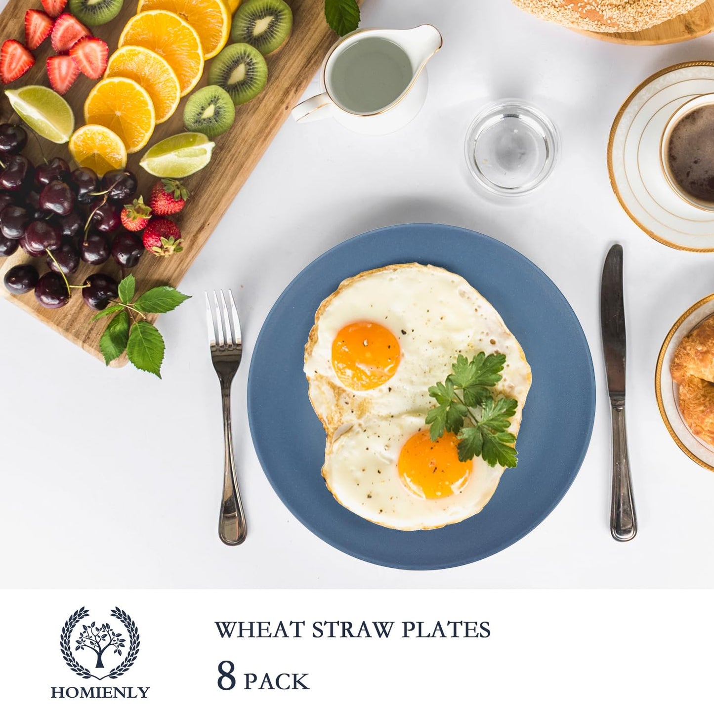 Homienly Flat Dinner Plates Set of 8 Alternative to Plastic Plates Microwave and Dishwasher Safe Wheat Straw Plates for Kitchen Unbreakable Plates for Camping, Salad(Blue, 10 inch)