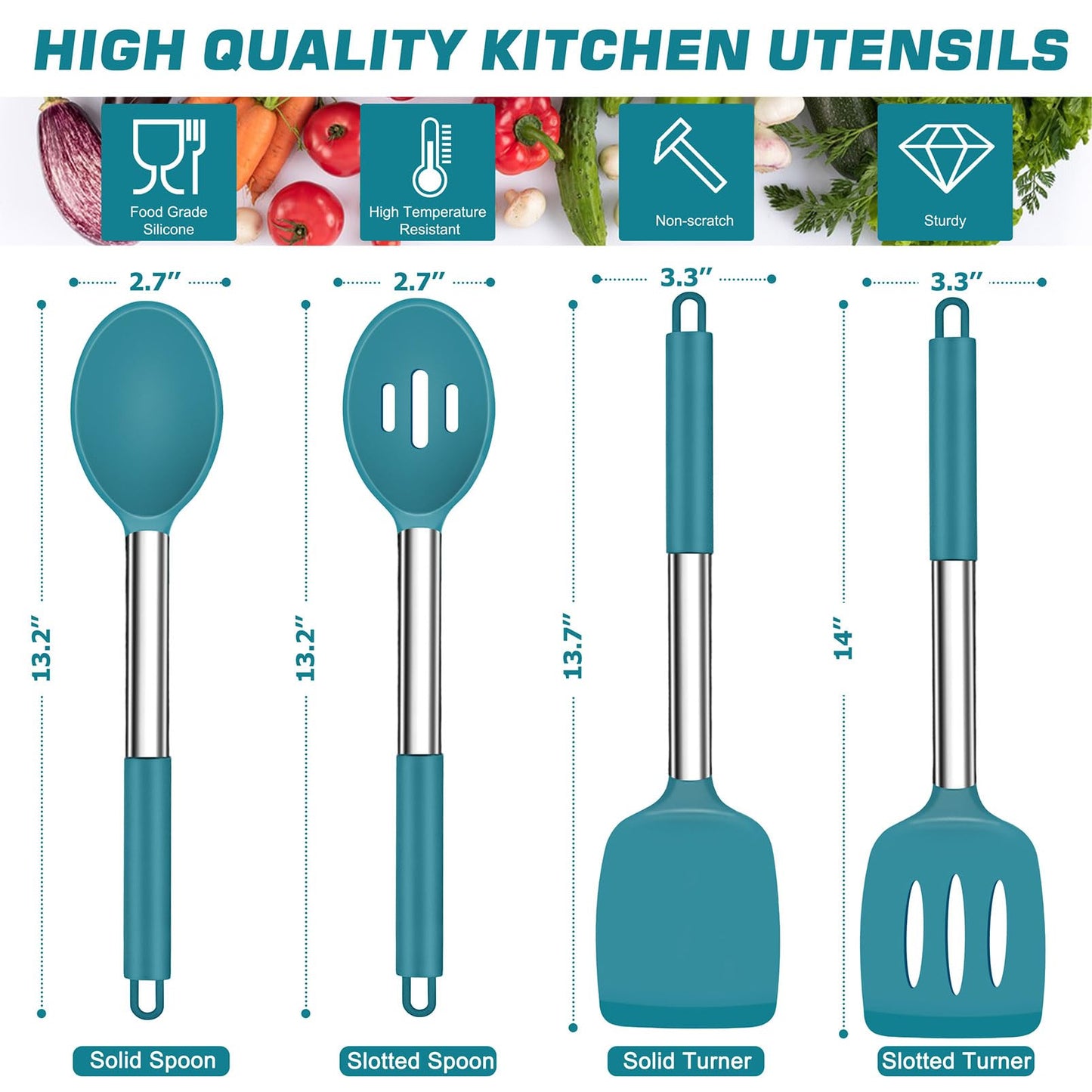 TeamFar Cooking Utensils Set, 4PCS Heatproof Silicone Utensil Kitchen Tools with Stainless Steel Handle, for Non-stick Cookware Flipping Frying Draining, Nontoxic & Non scratch, Easy Clean - Navy Blue