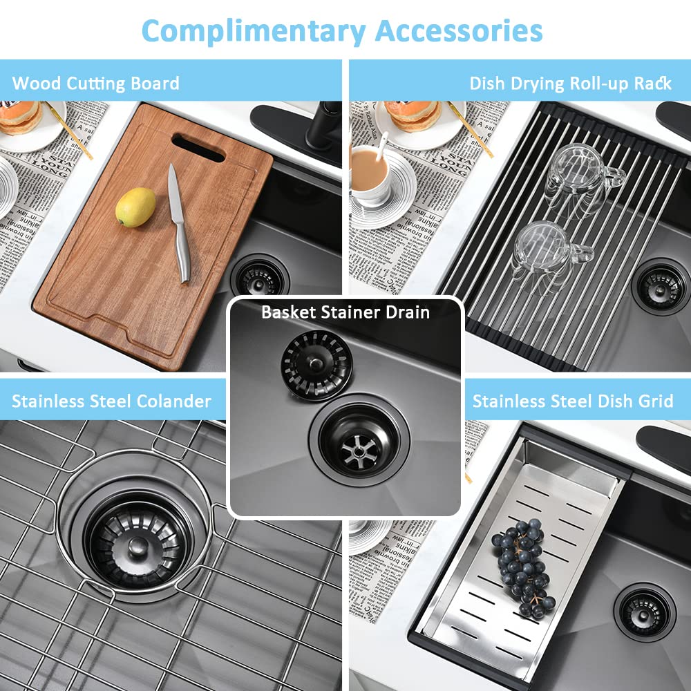 33 Inch Black Undermount Kitchen Sink Workstation-Bokaiya 33x19 Kitchen Sink Undermount Black Stainless Steel 16 Gauge 10" Deep Single Bowl Kitchen Sinks with Cutting Board