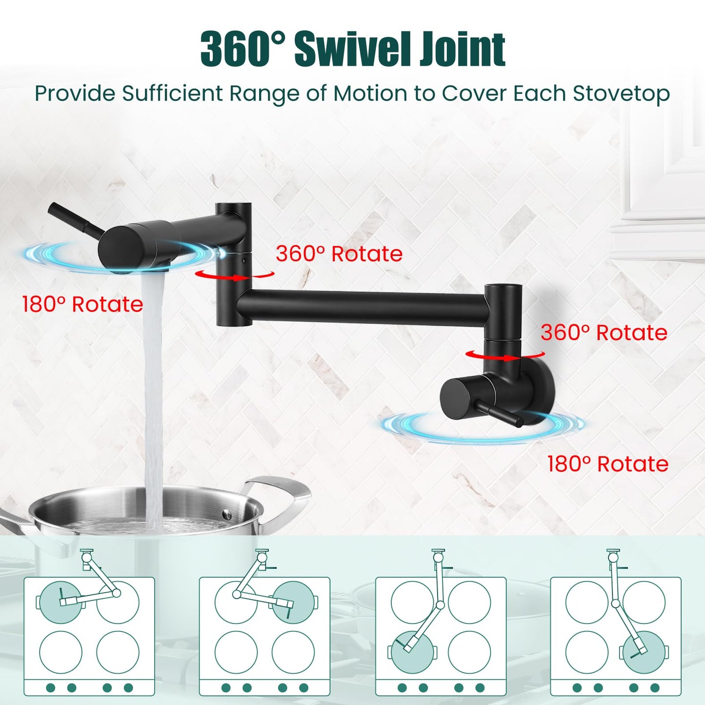 Heyalan Pot Filler 19 Inch Wall Mount Folding Stretchable Kitchen Restaurant Faucet Stainless Steel Pot Filler Double Joint Swing Arm Two Handles Commercial NPT,Straight Handle,Matte Black