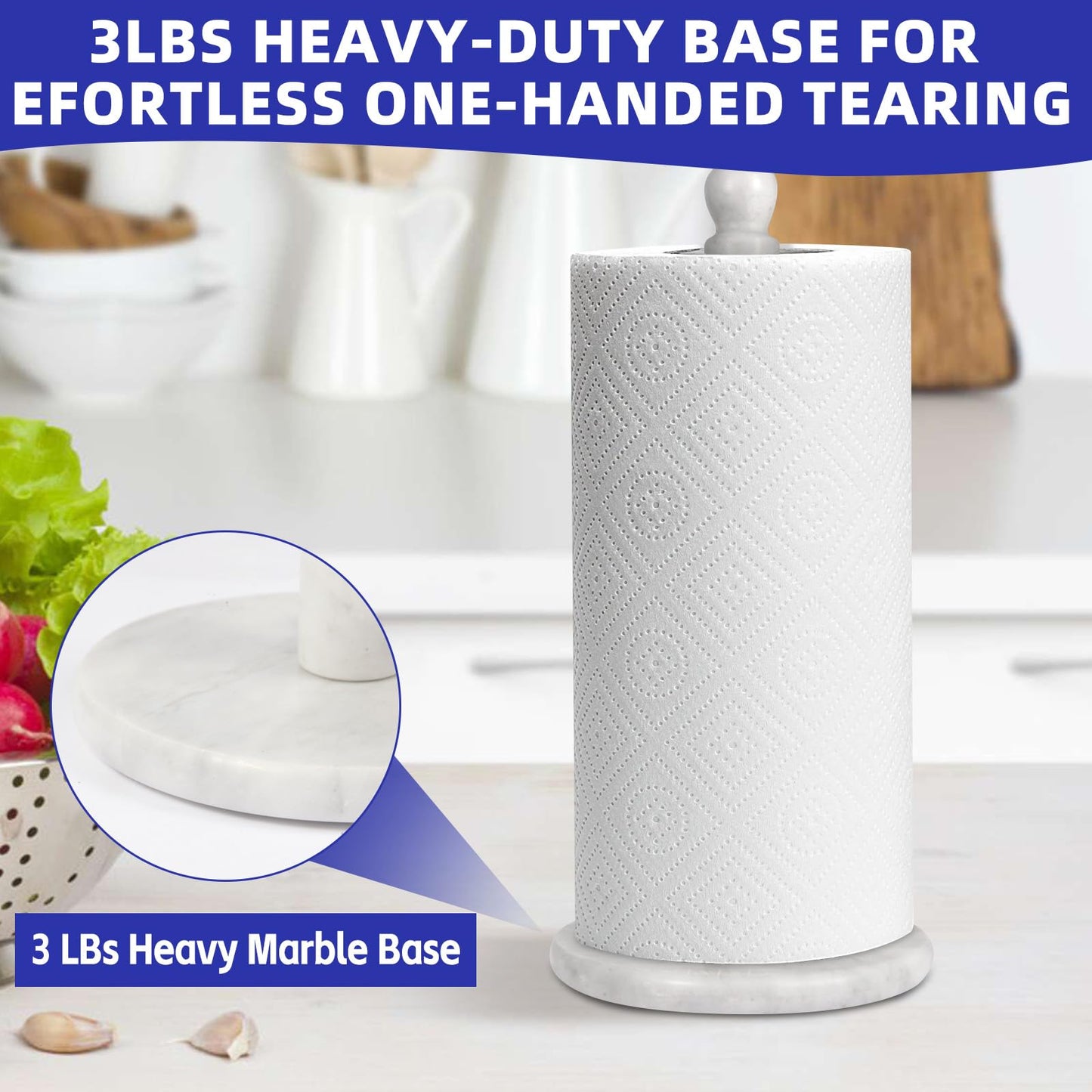 Natural Marble Paper Towel Holder for Kitchen Countertop - 2.6 lbs (1.2kg) Heavy Duty Weighted Base for One-Handed Tearing - Fits Jumbo Rolls - Elegant Modern Design with Ball Top - White & Grey