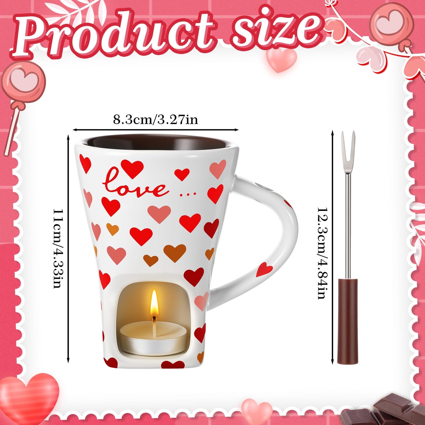 Honeydak Heart Chocolate Fondue Mug with Fork and 3 Candle Sweet Ceramic Personal Chocolate Melting Cup Ideal Couple Mom Gifts Birthday Date Night Birthday Wedding Gifts
