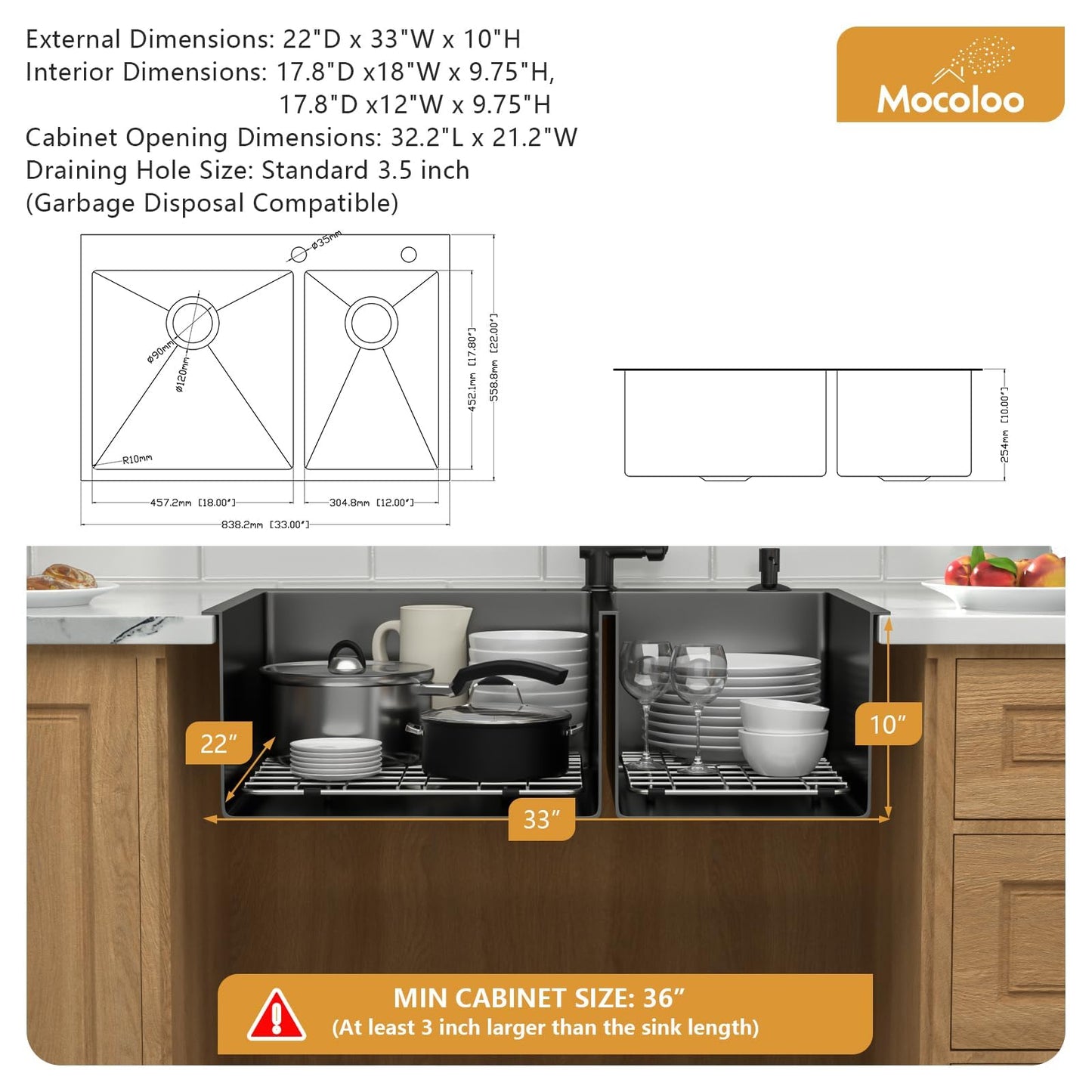 Mocoloo 33 Black Drop In Kitchen Sink 33x22 Inch Gunmetal Black Stainless Sink Double Bowl 60/40 Topmount 16 Gauge Kitchen Sink Handmade Basin