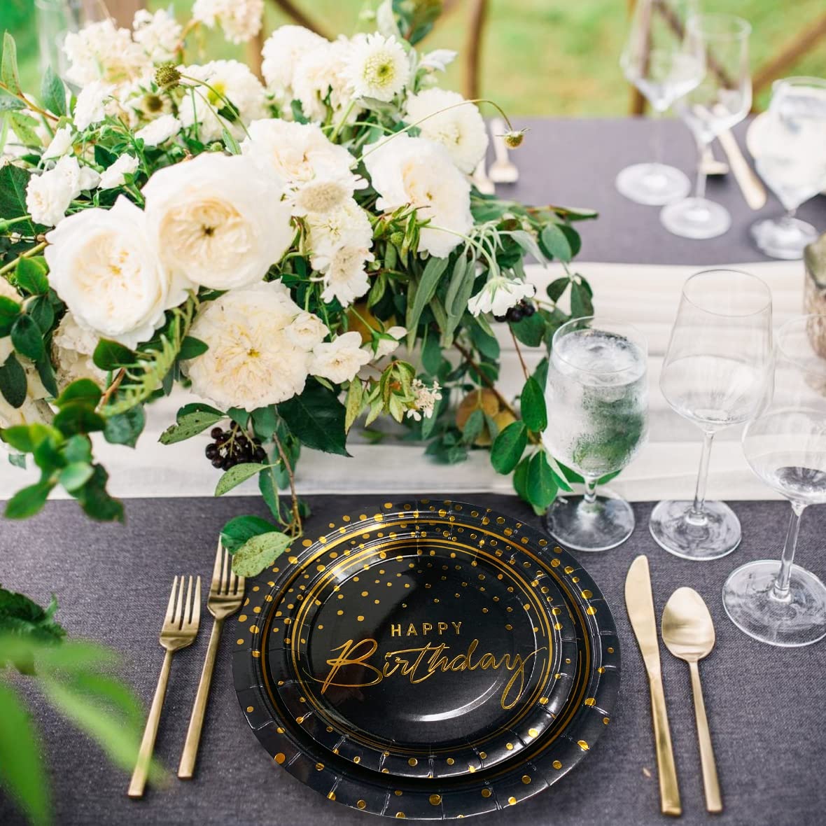 175PCS Happy Birthday Disposable Dinnerware Set Party Supplies, Paper Black Gold Plates and Napkins with Gold Plastic Forks Knives Spoons Serve 25 Guests for Birthday Party Decoration