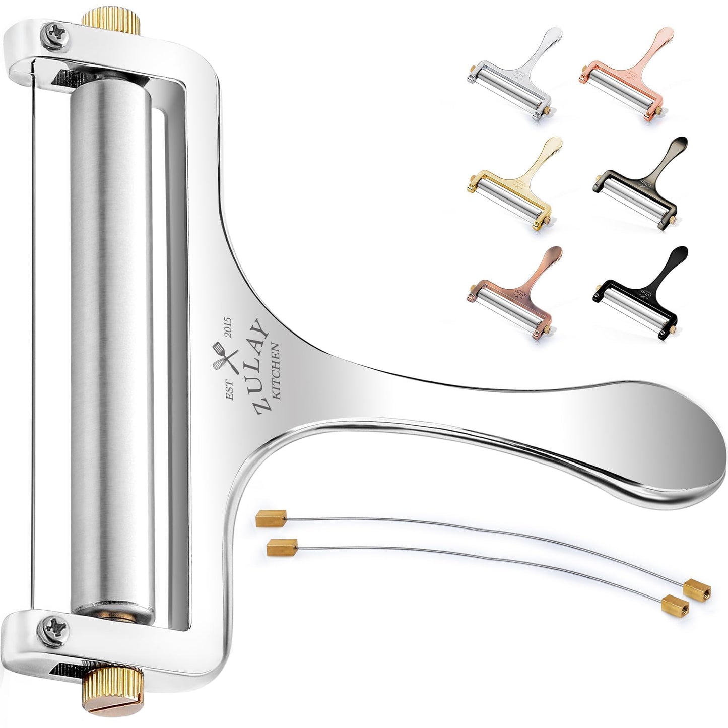 Zulay Kitchen Stainless Steel Wire Cheese Slicer - Adjustable Hand Held Cheese Cutter with 2 Extra Wires - Premium Cheese Shaver for Mozzarella, Cheddar, Gruyere - Cheese Cutter with Wire (Silver)