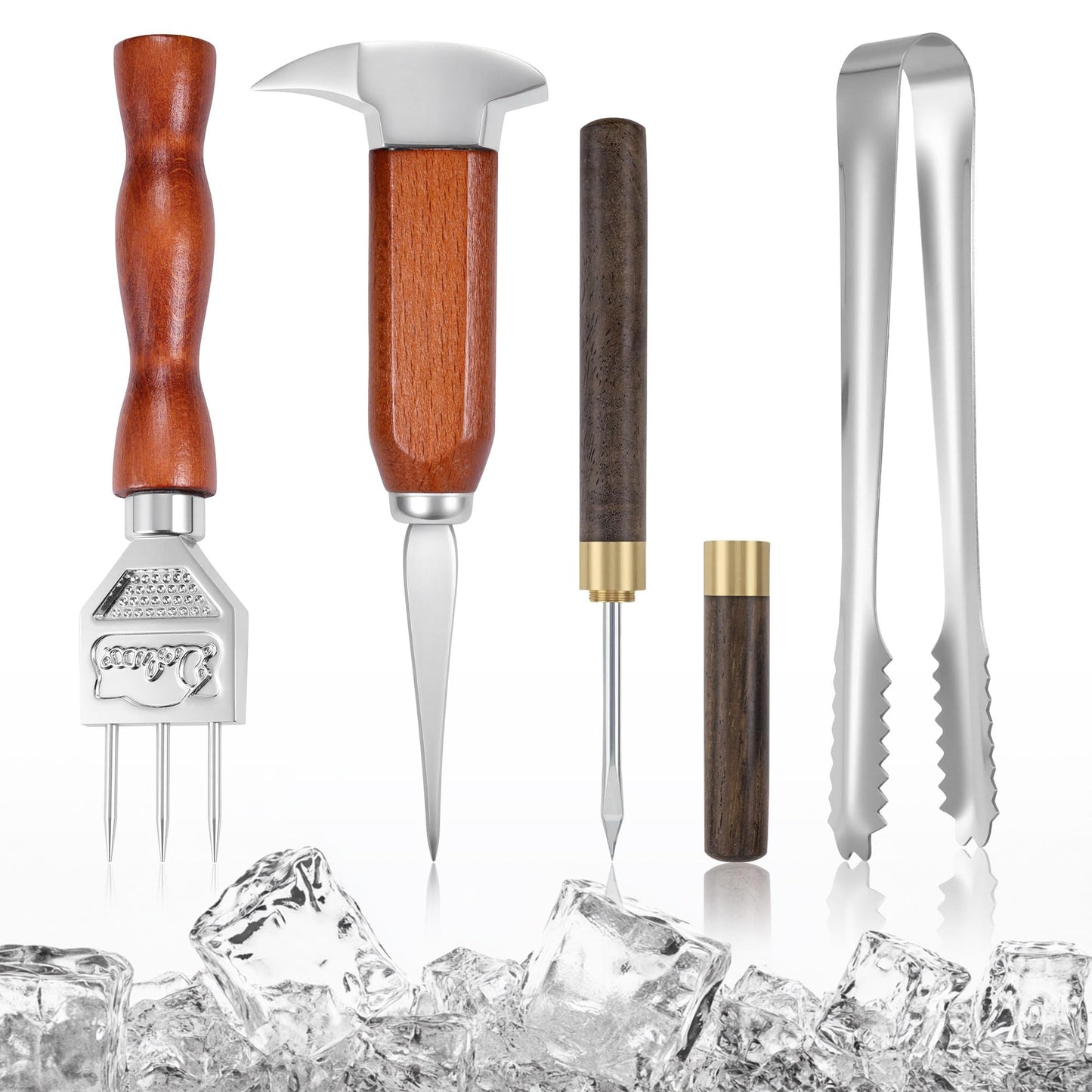 4Pcs Ice Pick Set, Stainless Steel Ice Chipper with Wood Handle, Bartender Kit Ice Crusher with Tong Ideal for Bars, Kitchen and Carving Craft Art