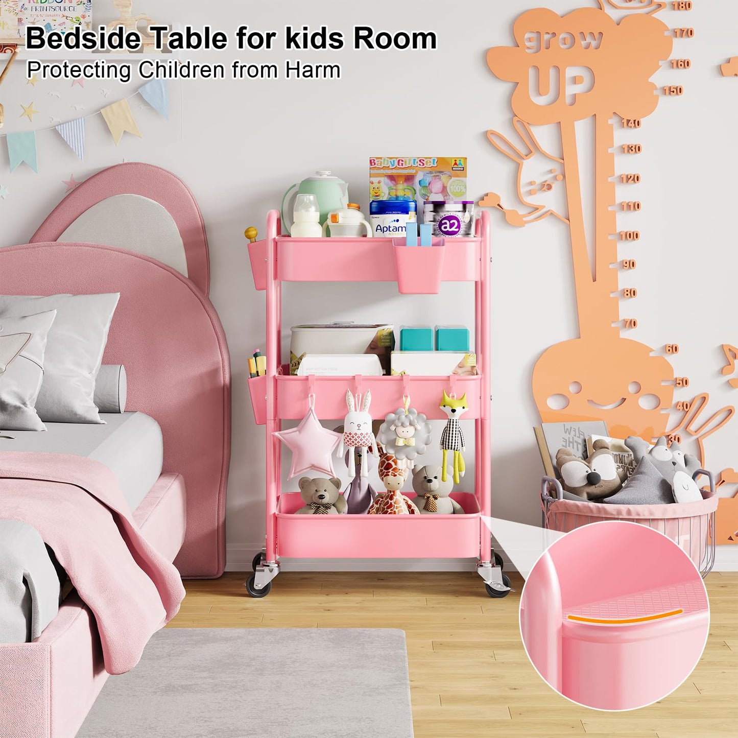3 Tier Rolling Cart Metal with Lockable Wheels, Pink Three Tiered Diaper Caddy Cart Organizer on Wheels, Storage Utility Trolley Carts for Craft, Art, Nail, Lash, Baby Supplies, Cleaning, Mesh