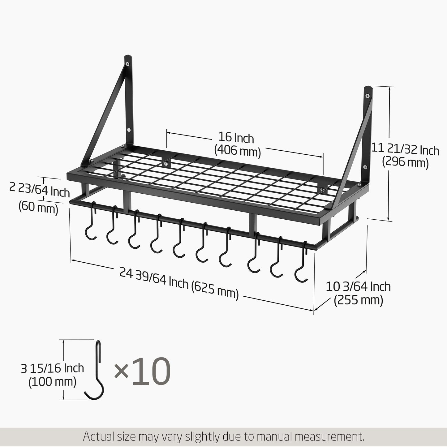 KES 24 Inch Kitchen Pot Pan Rack Wall Mounted Hanging Storage Organizer Wall Shelf With Hooks Matte Black, KUR215S60-BK