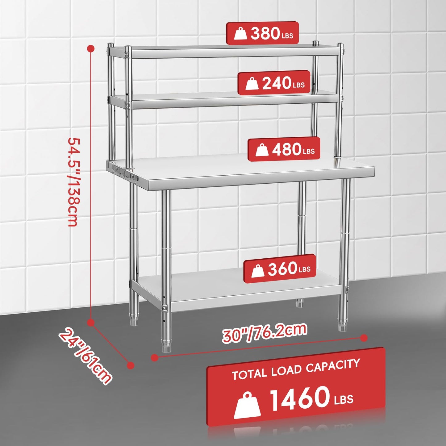 GarveeTech Stainless Steel Table with Overshelves, 30 in X 24 in Commercial Work Tables with 30 in X 12 in Shelf, Metal Kitchen Prep Table_ Shelving Combo
