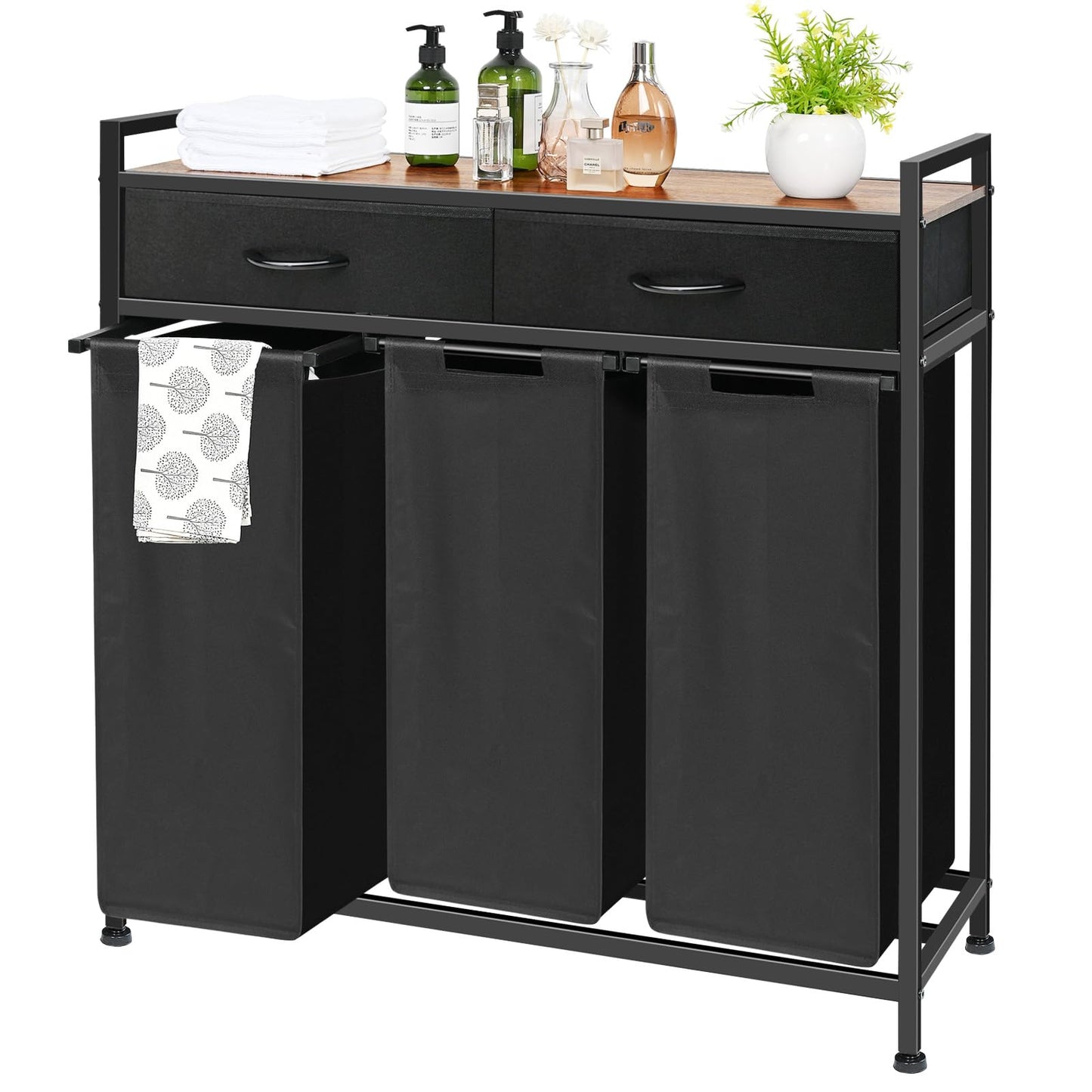 Laundry Sorter 3 Section, 180L Laundry Hamper Basket with Shelf and 2 Drawers, 3 Compartment Clothes Storage Organizer Cart, Pull-Out Removable Oxford Fabric Bags, Black
