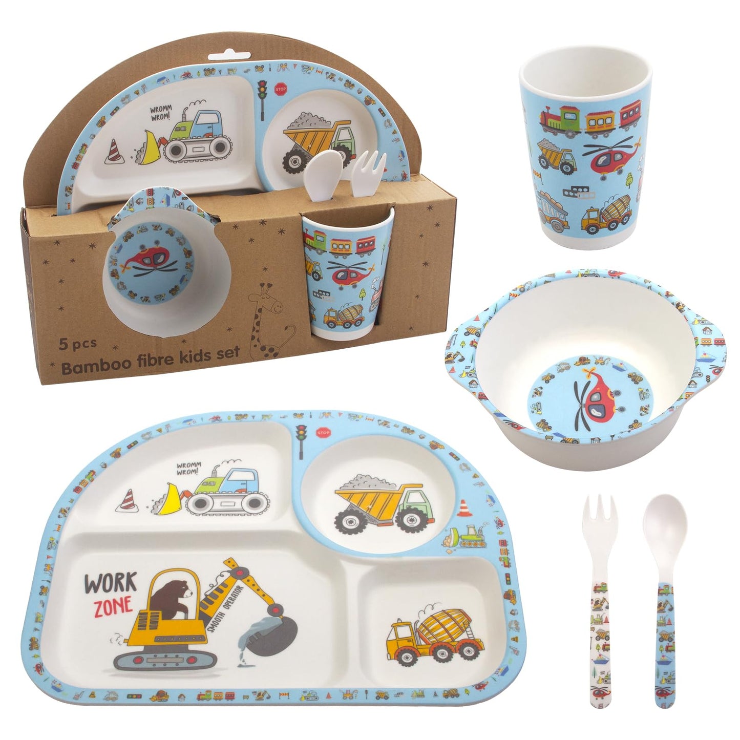 Kids Feeding Set 5 Pcs, Tableware Set for Toddlers Includes Plate Bowl Cup Fork and Spoon Utensil Flatware, Kids Flatware Set Dishwasher Safe, BPA Free (Construction)