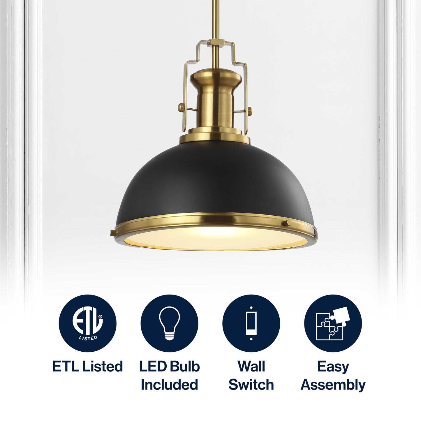 JONATHAN Y 13" Black/Brass Gold Modern Industrial Iron LED Dome Pendant Light, Adjustable Hanging Fixture for Kitchen Island or Entryway, Black Metal Shade, LED Bulb Included (JYL9536A)