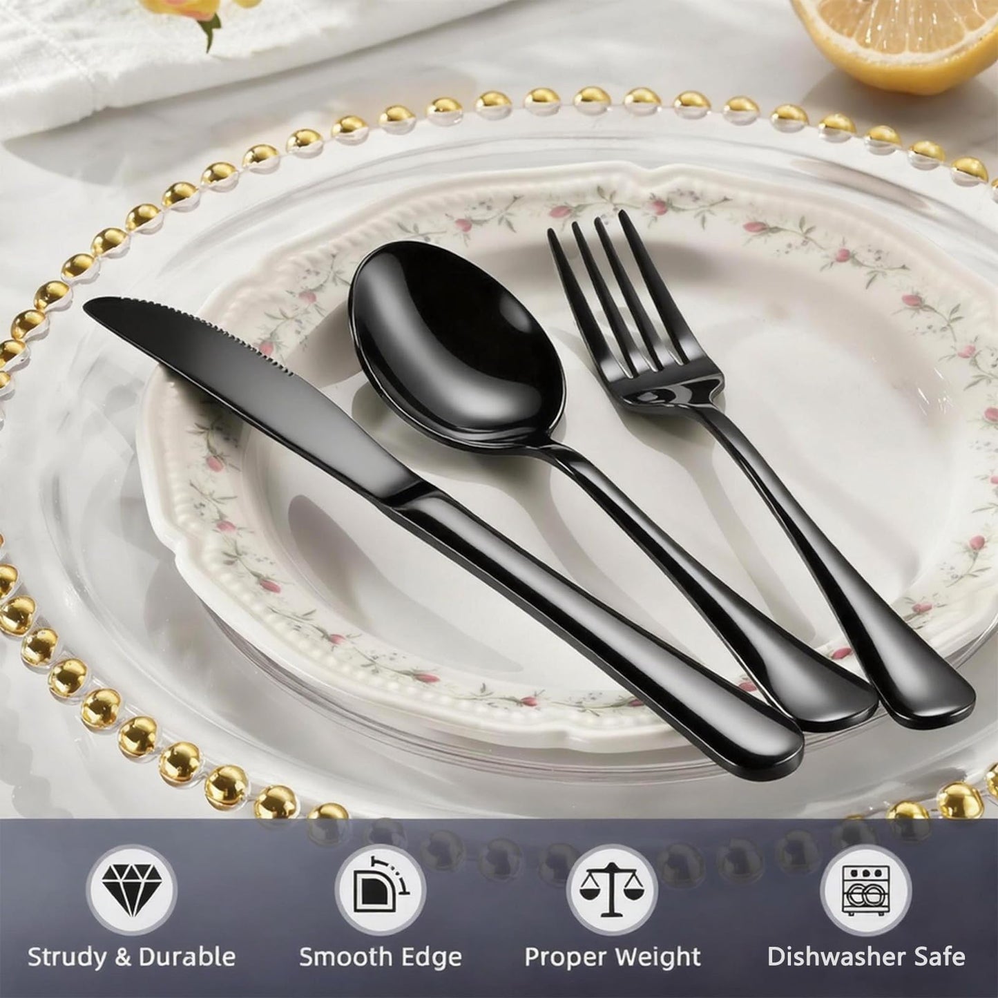 ERVILO 60 Piece Black Silverware Set - Service for 20, Stainless Steel Flatware Cutlery Set Include Knives Spoons Forks, Black Bulk Silverware for Wedding, Restaurant, Home, Dishwasher Safe