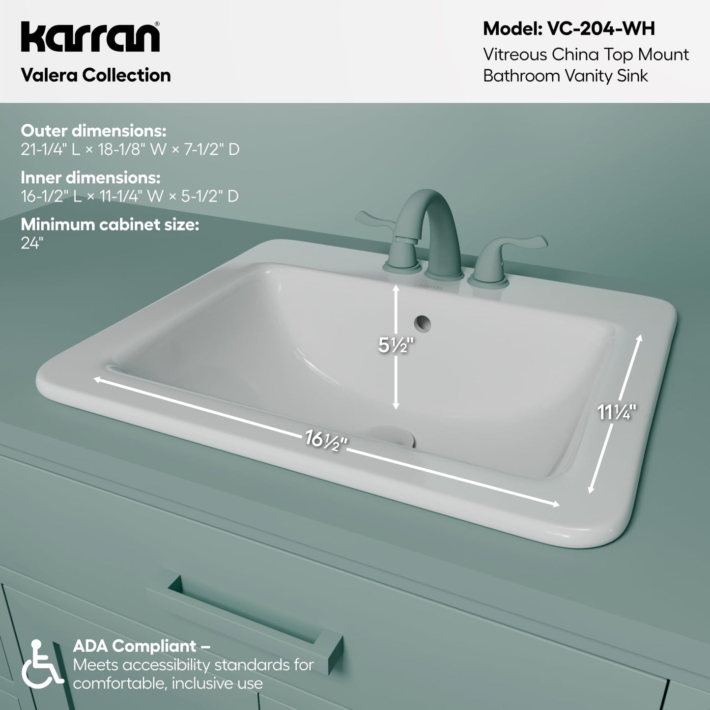 Karran Valera 21" Rectangle Top Mount Bathroom Sink in White – Vitreous China Vanity Bowl – Rear-Center Drain, Overflow, Gloss Finish – Inside Bowl 16.5" x 11.25" x 5.5" – VC-204-WH