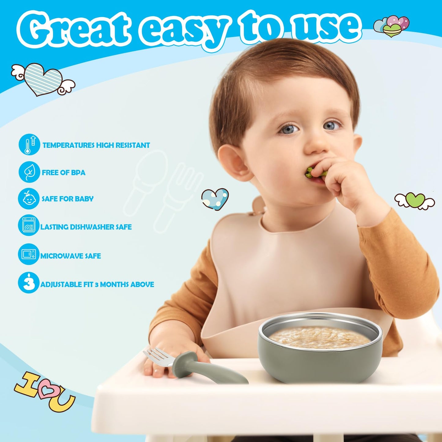 Honeydak 2 Pack Stainless Steel Baby Plates and Bowls with Suction & 2 Pack Spoons and Forks Set Kid Gift Toddler Utensil Baby Feeding Set Divided Plates for Weaning Supplies(Blue,Green)