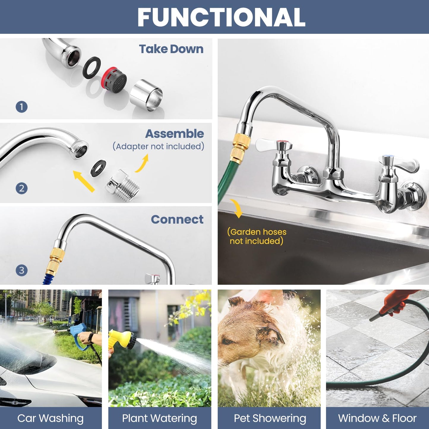 iVIGA Commercial Sink Faucet with 8” Swivel Spout, 8" Center Wall Mount Kitchen Faucet, Dual Handles Brass Utility Sink Faucet for Laundry Room Restaurant Compartment Sink, Polish Chrome