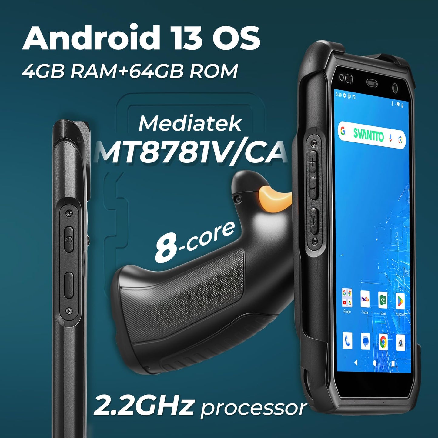 SVANTTO Android 13 Barcode Scanner with Pistol Grip, 1D/2D/QR Bar Code Scan Engine, 4+64GB, Bluetooth 5.1, Wi-Fi 6, 4G LTE, NFC, 5000mAh Big Battery 5.5" Handheld Rugged PDA Scanner for WMS Management