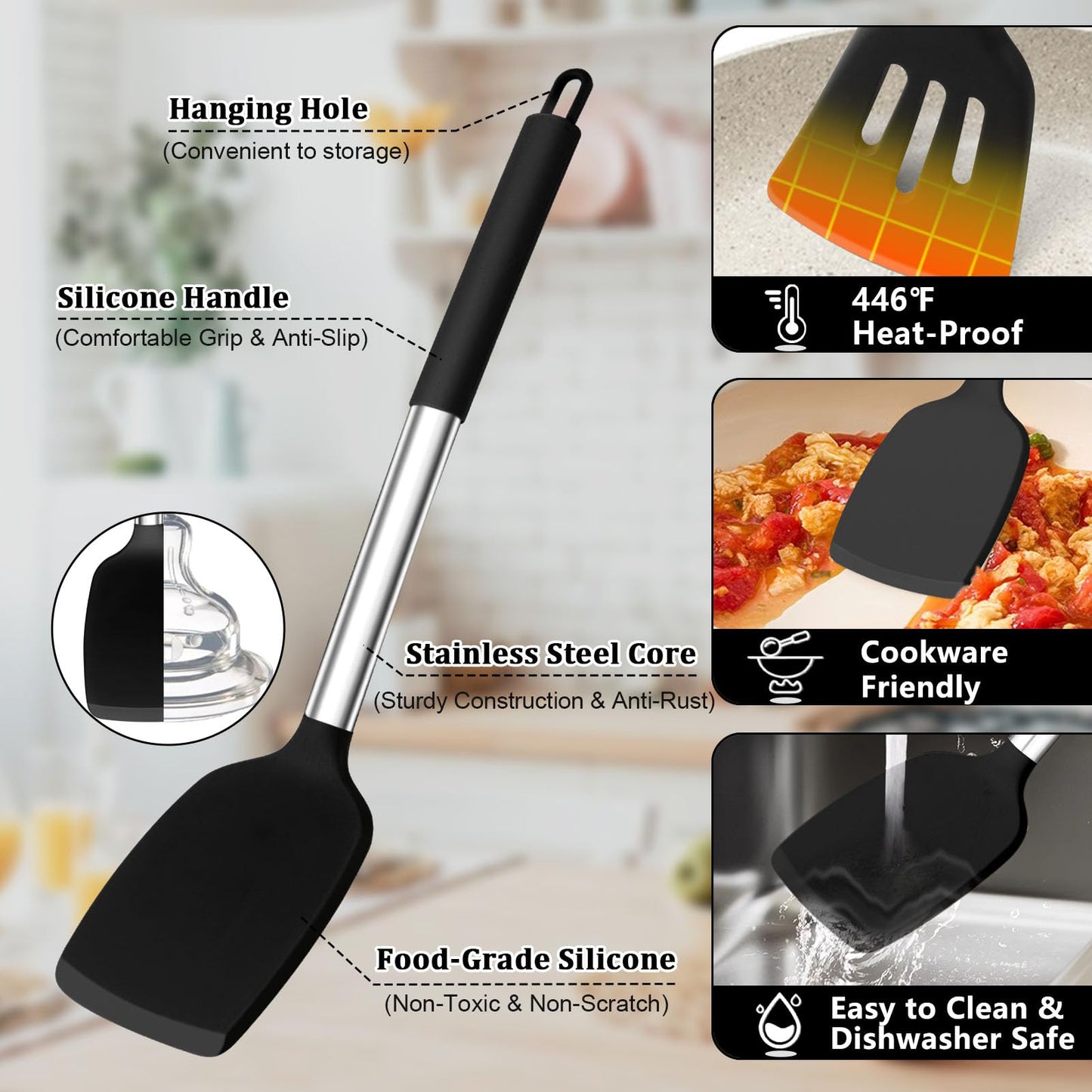 TeamFar Kitchen Utensil Set of 14, Silicone Cooking Utensil Set with Stainless Steel Handle, for Frying Serving Flipping Draining, Non-toxic & Heatproof, Nonstick & Dishwasher Safe - Black