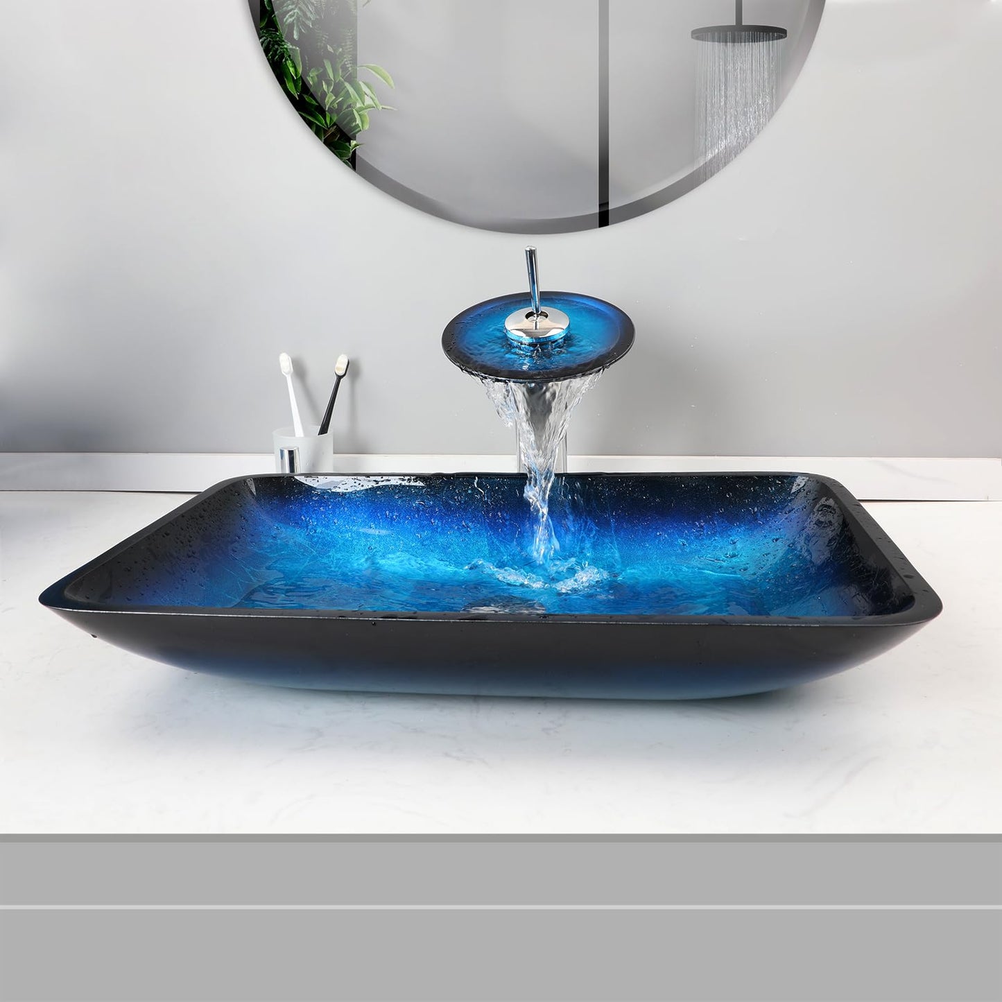 Washly 22" Blue Bathroom Vessel Sink,Rectangle Tempered Glass Washing Sink Bowl with Faucet And Drain, Artistic Bowl Sinks for Bathroom