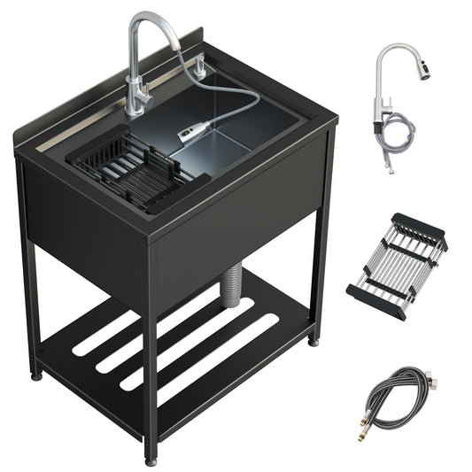 30inch Stainless Steel Utility Sink, Commercial Kitchen Single Bowl Sink with Cold and Hot Water Faucet,Hoses and Drain Kit,Stainless Utility Sink for Kitchens, Bathrooms, Garage, Laundry Room