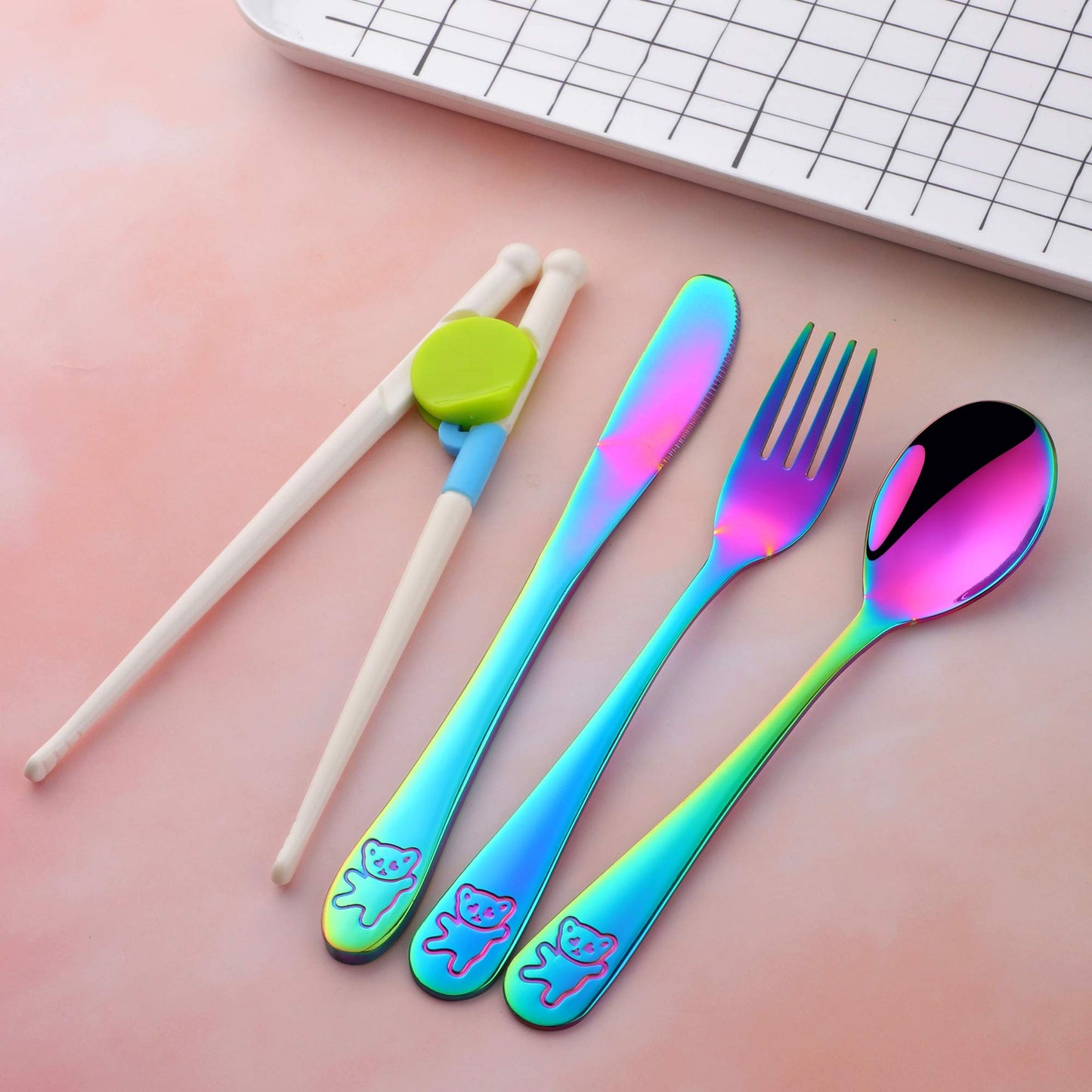 Stainless Steel Kids Silverware with Training Chopsticks, 8 Pieces Rainbow Toddler Utensils for 4-12 Years Old, Food Grade Metal Kids Utensils Set, Children Safe Flatware, Dishwasher Safe, Poylim