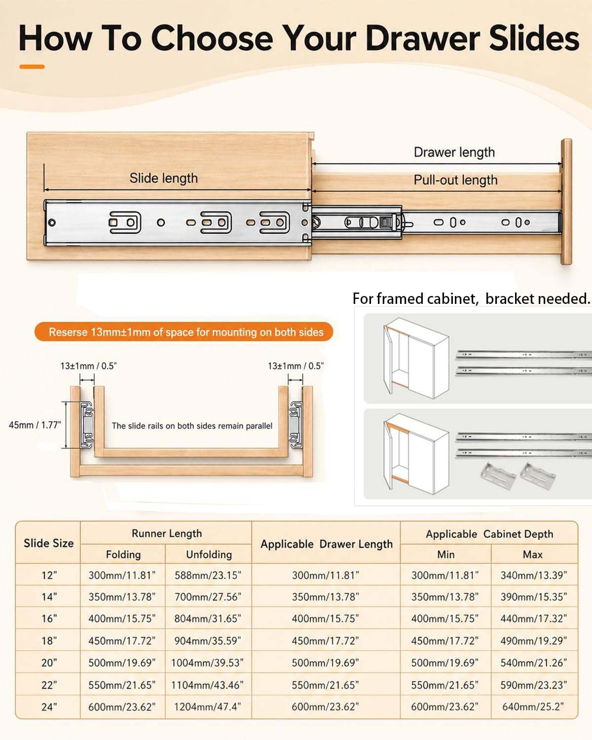 Gobrico 16 inch Drawer Slides 1 Pair，Soft Close Drawer Slides 3 Fold, Cabinet Drawer Slides Full Extension Drawer Hardware, Heavy Duty Hydraulic Self Close Rails, Side Mount Ball Bearing Tracks